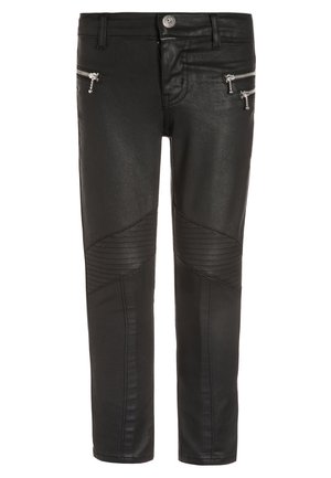 Pantalons en simili cuir noir avec des détails en relief de style biker au niveau des genoux et des poches zippées double sur les hanches, fermeture à bouton à la taille.
