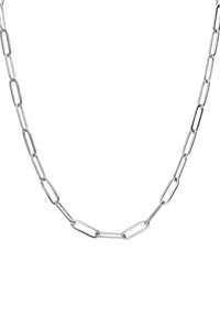 Zilveren metalen ketting ketting met langwerpige, gekoppelde ovale segmenten. Glad oppervlak met een gepolijste afwerking.