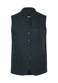 Mørkeblå tweedvest med mandarinkrave, fem forknapper og to sidelommer. Struktureret stof, skræddersyet pasform og uden ærmer.