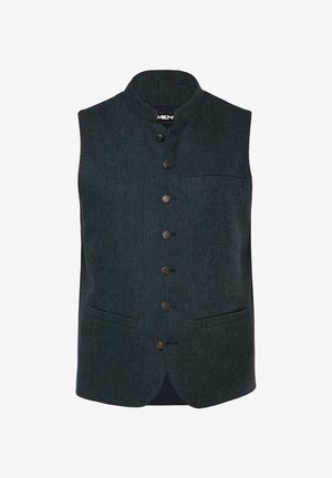Dunkelblaues Tweed-Weste mit Mandarin-Kragen, fünf vorderen Knöpfen und zwei Seitentaschen. Strukturiertes Gewebe, taillierte Passform und ohne Ärmel.