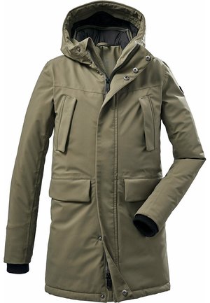Parka d'hiver isolant vert olive avec capuche, fermeture éclair devant et boutons-pression, quatre poches, et poignets intérieurs côtelés aux manches.