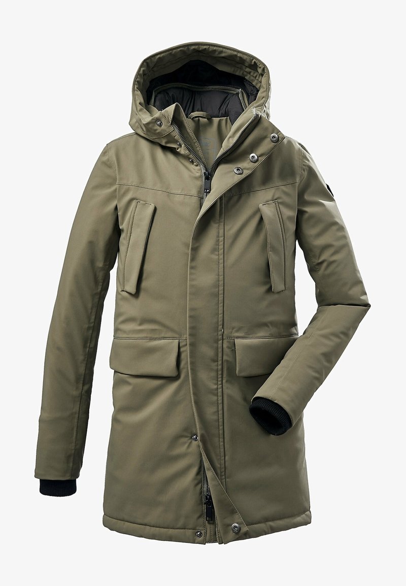 Parka d'hiver isolant vert olive avec capuche, fermeture éclair devant et boutons-pression, quatre poches, et poignets intérieurs côtelés aux manches.