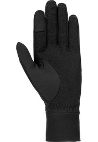 Black glove made of stretchy material, featuring a textured palm, thumb cutout, fitted cuff, and sleek design for dexterity.