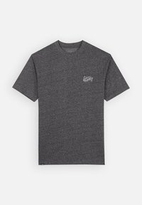 T-shirt gris à manches courtes fabriqué en tissu tricoté texturé ; il présente un petit logo à motif sur la poitrine. Design classique à col rond.