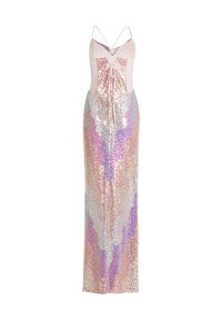 Robe à paillettes avec un corsage rose à bretelles ajustables, ornée de paillettes multicolores en cascade dans un motif ondulé le long de la jupe longue.