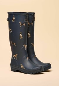 Tumši zili ūdensnecaurlaidīgi gumijas lietus zābaki ar dažādu suņu rakstu. Teksturēta virsma ar izturīgu melnu zolīti un uz zābaku sāna redzamu ražotāja zīmi.