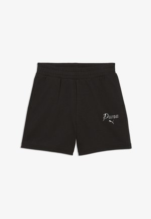 Zwarte Puma sportshorts met elastische tailleband en zijzakken, voorzien van het Puma-logo en tekst op het rechterbeen.