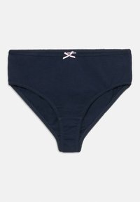 Marineblaue Baumwollunterhose mit einer rosa Schleifenakzent am Bund, die eine glatte Textur aufweist und dekorative gewellte Abschlüsse entlang der Kanten hat.