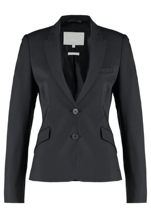 Blazer nero, vestibilità sagomata, tessuto satinato, revers a taglio, chiusura a due bottoni, taschino sul petto, tasche laterali doppie, texture liscia.