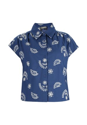Chemise bleue à manches courtes avec boutons, imprimés floraux blancs et motifs paisley et col pointu.