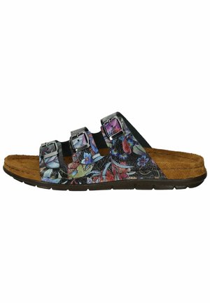 Schwarze, blumige Rutsch-Sandale mit drei verstellbaren Riemen, silbernen Schnallen, strukturiertem Synthetik-Obermaterial und einem braunen Korkfußbett.