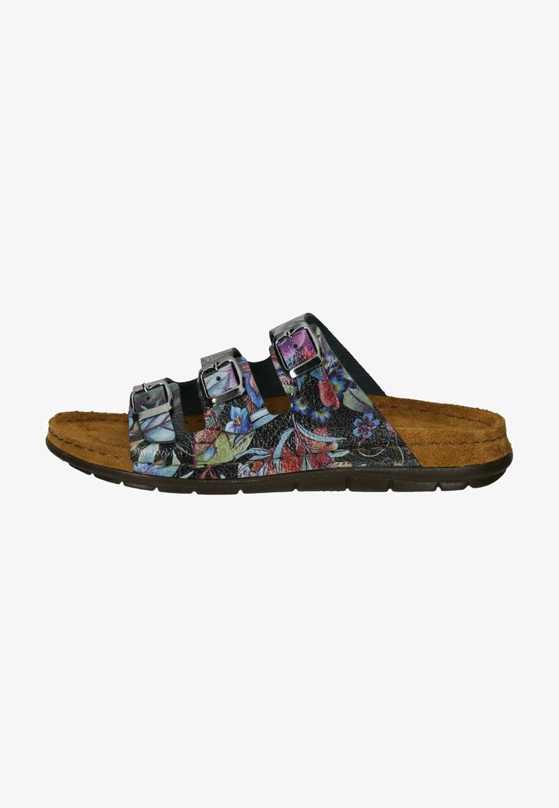 Black floral slide sandal with three adjustable straps, silver buckles, textured synthetic upper, and a brown cork footbed.