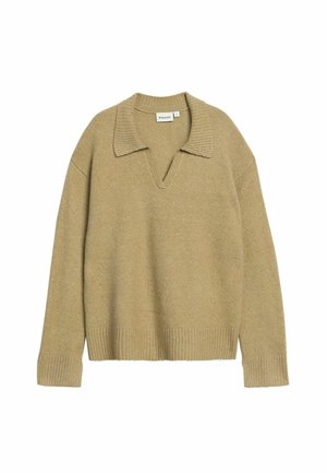 Beiger Pullover mit geripptem Kragen und Bündchen, mit V-Ausschnitt und leicht oversized Schnitt. Hergestellt aus einem weichen, strukturierten Stoff.