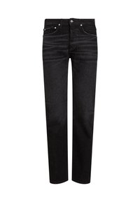 Jean en denim noir avec une coupe droite, doté d'un design classique à cinq poches et de subtils accents de couture sur les poches.