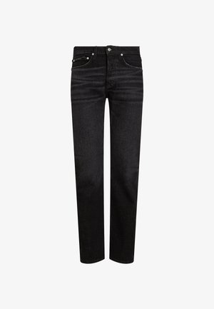 Melnas denima bikses ar taisnu piegriezumu, kas iekļauj klasisku piecu kabatu dizainu un smalkas šuļu akcentus uz kabatām.