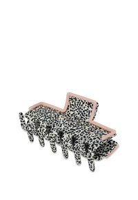 Fermaglio per capelli bianco con stampa leopardata nera, caratterizzato da un 'accento' rosa lungo i bordi e molteplici punte di presa per una presa sicura.