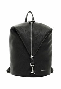 Black leather backpack featuring a tapered design, zipper closure, and metallic hardware accents. Smooth texture with subtle grain pattern.