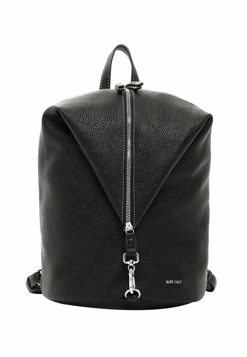 Black leather backpack featuring a tapered design, zipper closure, and metallic hardware accents. Smooth texture with subtle grain pattern.