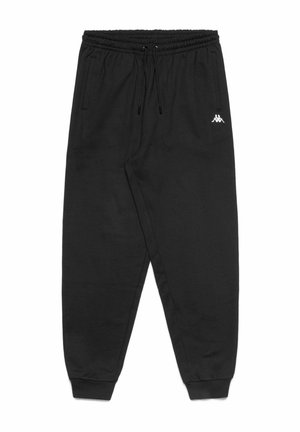 Pantaloni jogger neri in tessuto morbido, con vita elastica regolabile con coulisse, tasche laterali e un piccolo logo bianco sulla coscia.