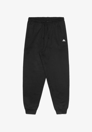 Pantaloni jogger neri in tessuto morbido, con vita elastica regolabile con coulisse, tasche laterali e un piccolo logo bianco sulla coscia.