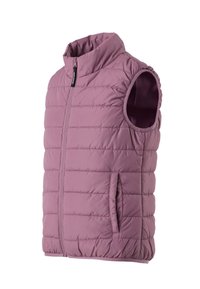 Maroon brezrokavnik s prešitjem, sprednjo zadrgo, stoječim ovratnikom in stranskimi žepi, prikazan pod rahlim stranskim kotom.