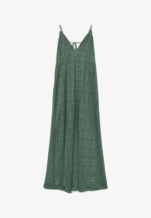 Roheline pitsist maksikleit V-kaelusega, reguleeritavate õlapaeltega ja keeruka ringikujulise mustriga kogu kangal.