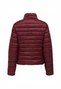 Giacca imbottita bordeaux in tessuto lucido, con colletto corto, design a righe orizzontali e polsini elasticizzati.