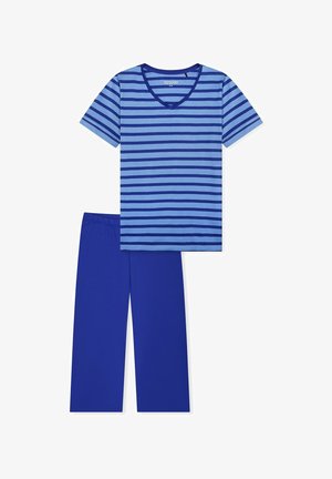 Blåt bomuldssæt med pyjamas bestående af en kortærmet top med V-hals og striber samt ensfarvede blå bukser med elastisk talje.