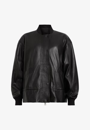 Black leather bomber jacket with a ribbed panel and button closure. Features side pockets and elastic cuffs for a tailored fit.