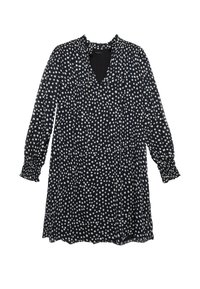 Vestido de lunares con fondo azul marino y lunares blancos. Cuenta con un escote en V, mangas largas con puños fruncidos y un corte relajado.