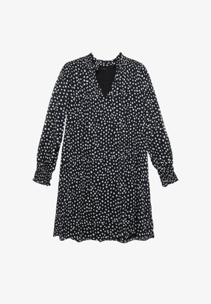 Gestippelde jurk met een marineblauwe achtergrond en witte stippen. Heeft een v-hals, lange mouwen met gatherings aan de manchetten en een relaxte pasvorm.