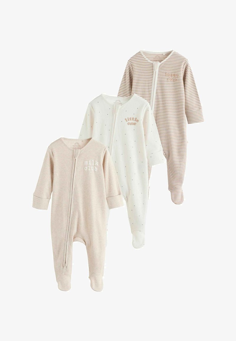 Trois grenouillères pour bébé en tissu doux : une crème à pois, une beige avec imprimé « milk club », et une rayée beige/marron.