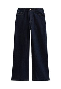 Jeans in denim blu scuro a gamba larga con tasche anteriori e chiusura a bottone in rame.