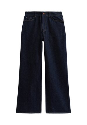 Jean en denim bleu foncé à jambes larges, avec poches avant et fermeture à bouton en cuivre.