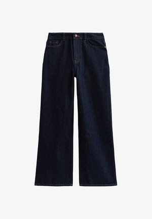 Dark blue wide-leg denim jeans with front pockets and copper button closure.