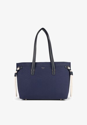 Granatowa torba na ramię z płótna z kontrastowymi, skórzanymi uchwytami, usztywnionym kształtem, metalowymi okuciami oraz subtelnym logo z przodu.