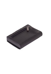 Portafoglio nero con superficie testurizzata, forma rettangolare, chiusura con zip su un lato e bordi lisci. Design compatto e versatile.