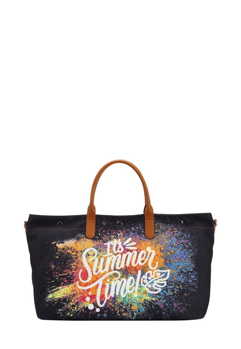 Borsa a spalla in tela nera con manici color sabbia, caratterizzata da un design a spruzzo colorato e una tipografia bianca che dice "È tempo d'estate!"