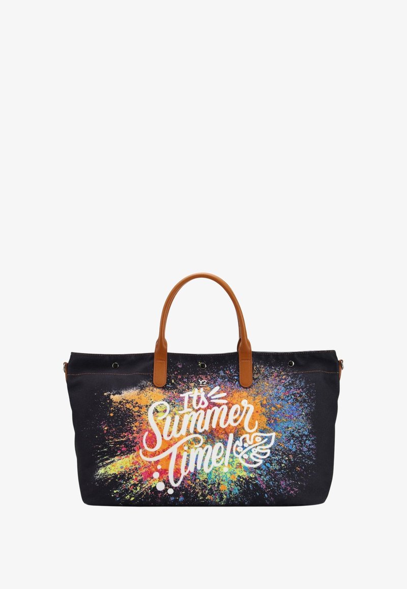 Borsa a spalla in tela nera con manici color sabbia, caratterizzata da un design a spruzzo colorato e una tipografia bianca che dice "È tempo d'estate!"