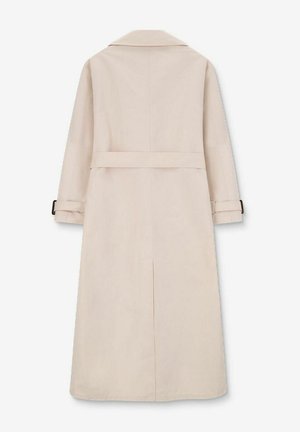 Beige trenchcoat met een riem, lange mouwen en een achtersplit. Voorzien van een klassieke kraag en geribde manchetten met zwarte accenten.