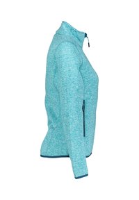 Giacca in pile di colore turchese con finitura testurizzata. Presenta un colletto alto e una tasca laterale con zip. Rifinita con dettagli blu scuro.