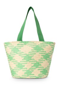 Geflochtene Strohtasche mit einem geometrischen Muster in grünen und natürlichen Farbtönen, zwei grünen Stoffgriffen und einem breiten, offenen Oberteil.