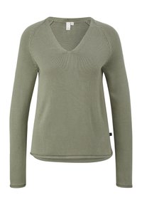 Pull vert olive avec col en V, manches longues et tissu en tricot texturé. Présente des détails de couture subtils et un ourlet droit.