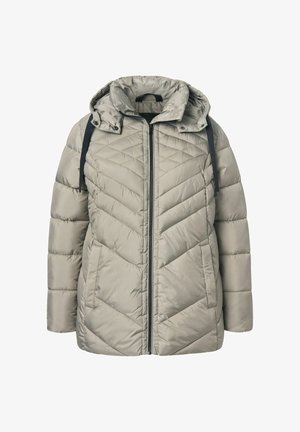 Puffjacke in Hellgrau mit Zickzack-Steppmuster, Reißverschluss und verstellbarem Kapuzen. Mit zwei Seitentaschen.