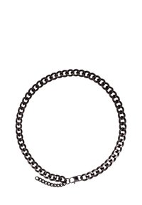 Zwarte metalen ketting met in elkaar grijpende schakels, voorzien van een sluiting en een verstelbare kettingverlenging voor maatvariabiliteit.