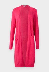 Μακρύ ροζ κάρντιγκαν από απαλό πλεκτό υλικό, με δύο μπροστινές τσέπες, ανοιχτό μπροστινό μέρος και ριμπ μανσέτες και τελείωμα.