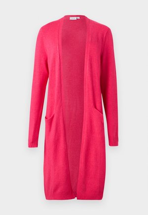 Cardigan lungo rosa realizzato in morbido materiale a maglia, con due tasche frontali, design aperto sul davanti e polsini e orlo a coste.