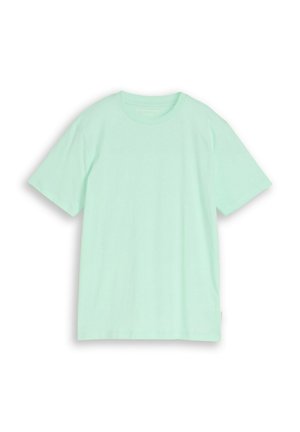 Plain light mint green short-sleeve crew neck t-shirt, laid flat with visible shoulder seams and straight hem.