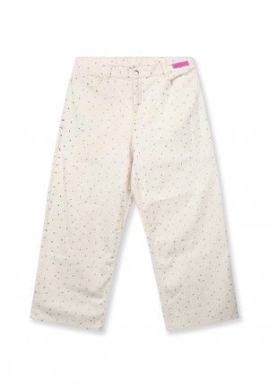 Crème kleurige broek met een relaxte fit, voorzien van een stippenpatroon in lichtgrijs en blauw. Gemaakt van katoen met zijzakken en een roze label.