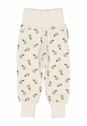 Baby bukser i cremefarve med grønne pæreprint, bred elastisk linning og ribbet kant ved anklerne.